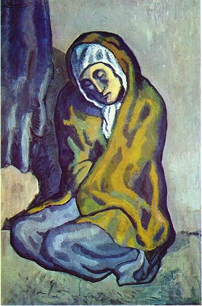 Picasso je leta 1902, ko je slikal v prepoznavnih hladnih modrih tonih, berača naslikal na starejšo sliko krajine, katere gorovje je izkoristil za konturo pokrivala svojega protagonista. Foto: Wikipedia