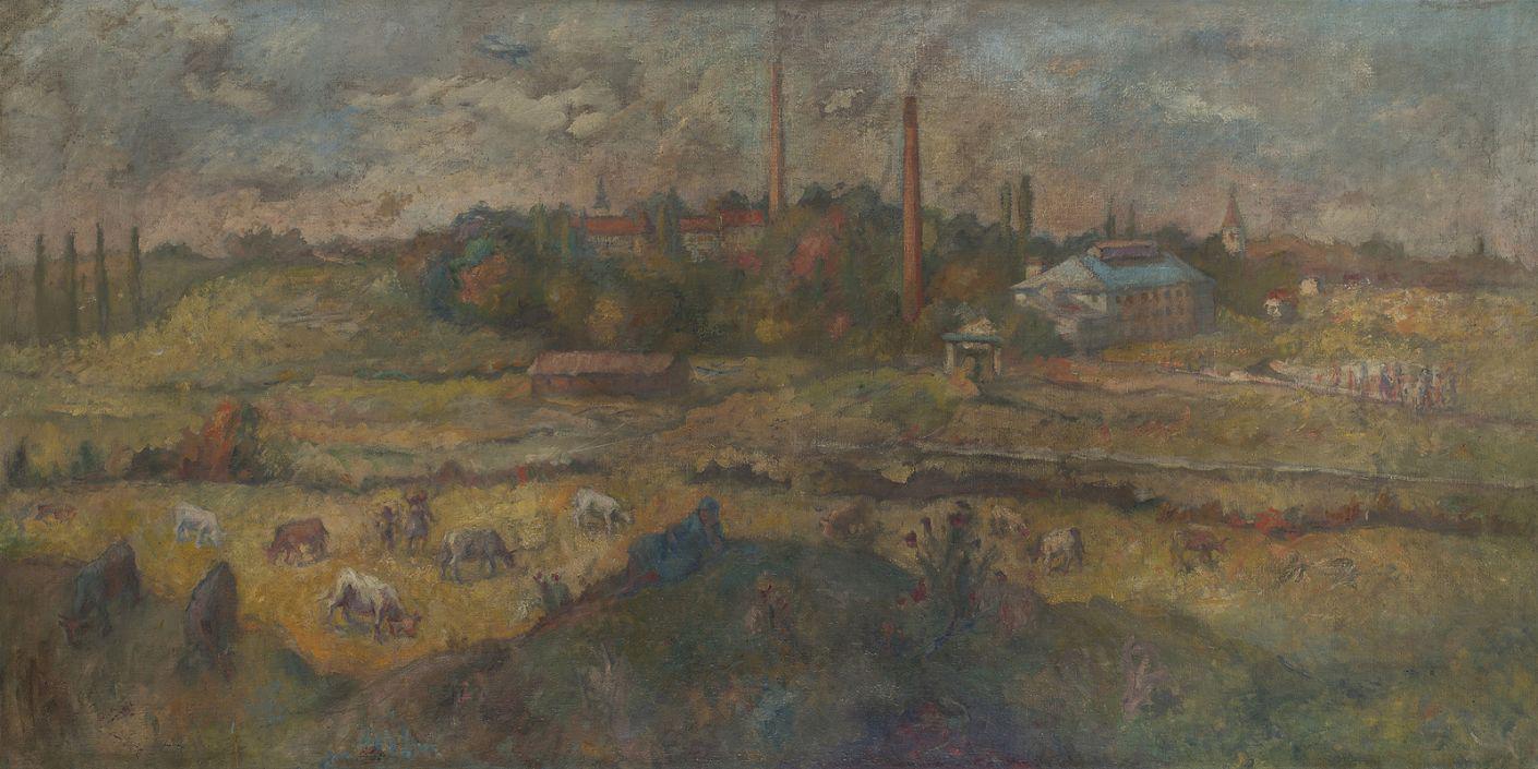 Rihard Jakopič, Tekstilna tovarna, (1929), olje, platno, 114 x 214 cm, NG S 2507. Foto: Narodna galerija