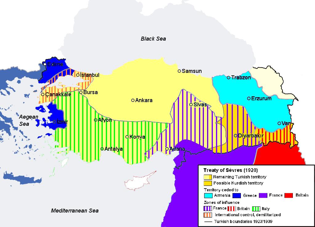 Razdelitev Osmanskega imperija v mirovni pogodbi po prvi svetovni vojni. Foto: Wikipedia Commons