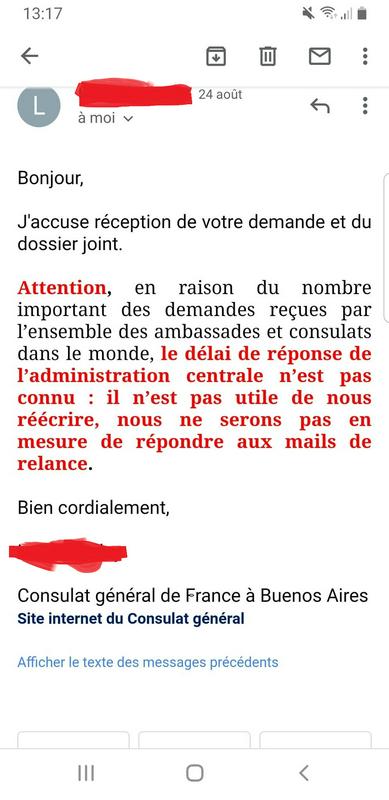 Zavrnitveno e-sporočilo francoskega konzulata. Foto: Zajem zaslona