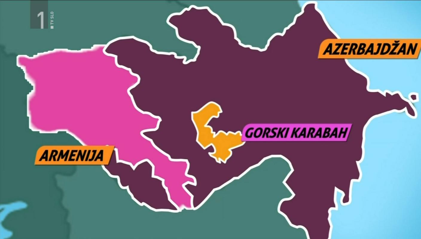 Zemljevid, na katerem so Armenija, Azerbajdžan in Gorski Karabah. Foto: Infodrom/TV Slovenija