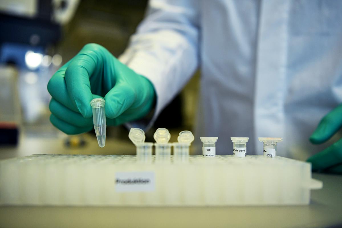 Delavec v laboratoriju v Tübingenu prikazuje analiziranje cepiva. Foto: Reuters