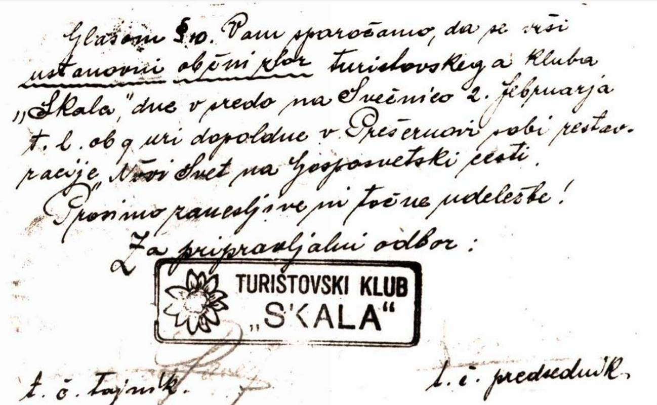 Vabilo na ustanovni občni zbor TK Skala 2. februarja 1921. Foto: Slovenski planinski muzej