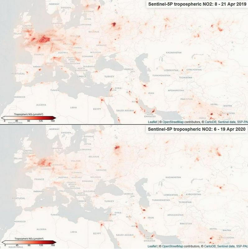 Evropa in del sveta prej in potem. Satelitski posnetki jasno kažejo na zmanjšanje onesnaženja z NOx v času prvega vala epidemije. Foto: ESA - satelitski posnetek/Sentinel-5P