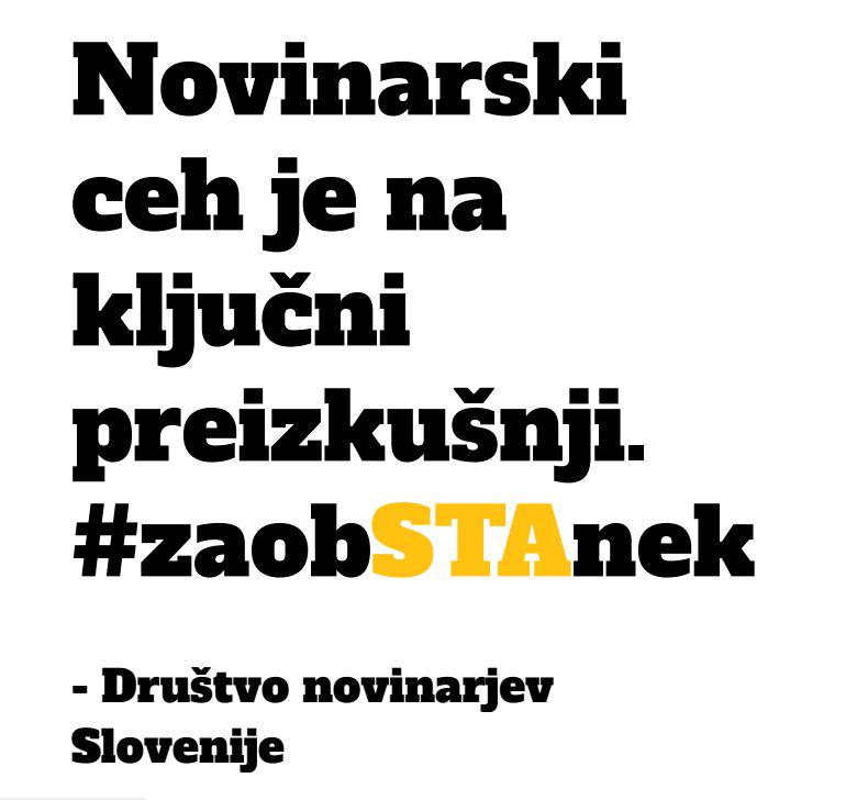 Da bi agenciji pomagali premostiti finančne težave, je Društvo novinarjev Slovenije skupaj s prijatelji STA-ja 3. maja zagnalo donacijsko kampanjo Za obSTAnek. Tekla bo še cel maj. Prispevek lahko nakaže kdor koli, in sicer prek SMS-sporočila s ključno besedo STA1 oziroma STA5 na 1919. Foto: Društvo novinarjev Slovenija