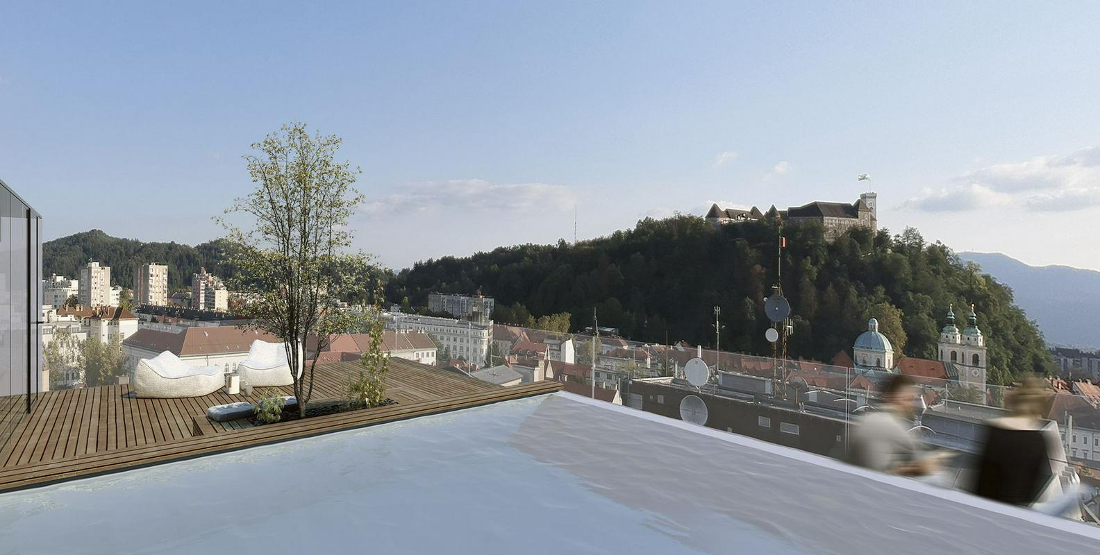 Pogled z vrha Neuhausa na Kolodvorski ulici v Ljubjani z bazenom na strehi in razgledom na Ljubljanski grad. Render: Arhitektura 2211