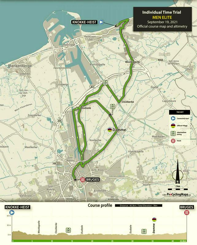 Zemljevid in prerez (čisto spodaj) kronometrske proge elite moških. Od obale do Bruggea in malce naokoli nazaj v slovito flamsko mesto. Foto: Organizator/ProCyclingMaps.com