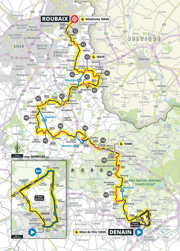 Zemljevid prvega ženskega Pariz–Roubaixa, ki se bo začel v mestu Denain, prvi od 17 tlakovanih odsekov pa pride po 34 km. Kolesarke čakata dva najtežja odseka s po petimi zvezdicami, izpustile bodo le Arenberški gozd, četudi bodo štartale v bližini le-tega, Foto: ASO