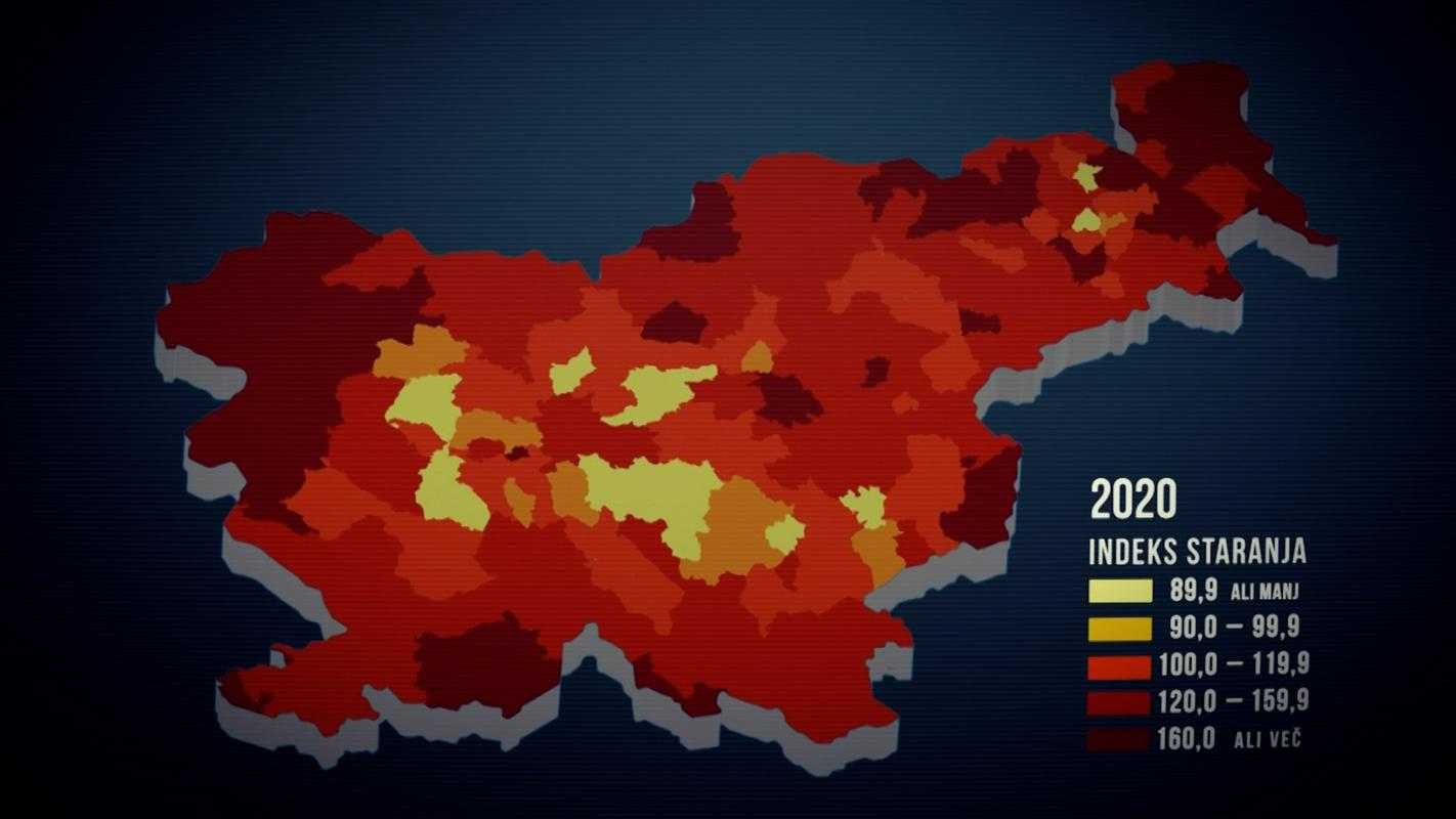 Število prebivalcev bo upadlo povsod, razen v osrednji Sloveniji in na obali. Enako je s staranjem prebivalstva, kjer so, kot kaže ta zemljevid, visoko v vrhu obmejne, povečini pomurske občine. Foto: TV Slovenija