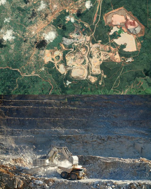 Rudnik Kibali na severovzhodu DR Konga je eden največjih rudnikov zlata v Afriki. Sestavljata ga podzemni rudnik in površinski kop. Ena od lastnic, kanadska družba Barrick Gold, je prejšnji teden sporočila, da bodo zaradi novo odkritih zalog dobo odprtega rudnika podaljšali do leta 2040. Zavezali so se tudi, da bodo na njihovih zemljiščih skupaj z vlado oblikovali posebno območje, kjer bo v sodelovanju s tamkajšnjo skupnostjo dovoljeno obrtniško rudarjenje. Foto: Google Earth/Reuters