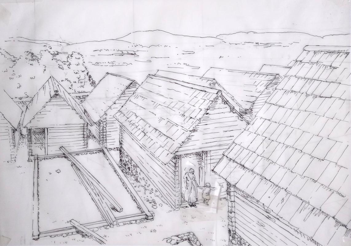 Rekonstrukcija dela mlajše halštatskega gradišča na Pungartu. Avtor risbe: Marko Zorovič