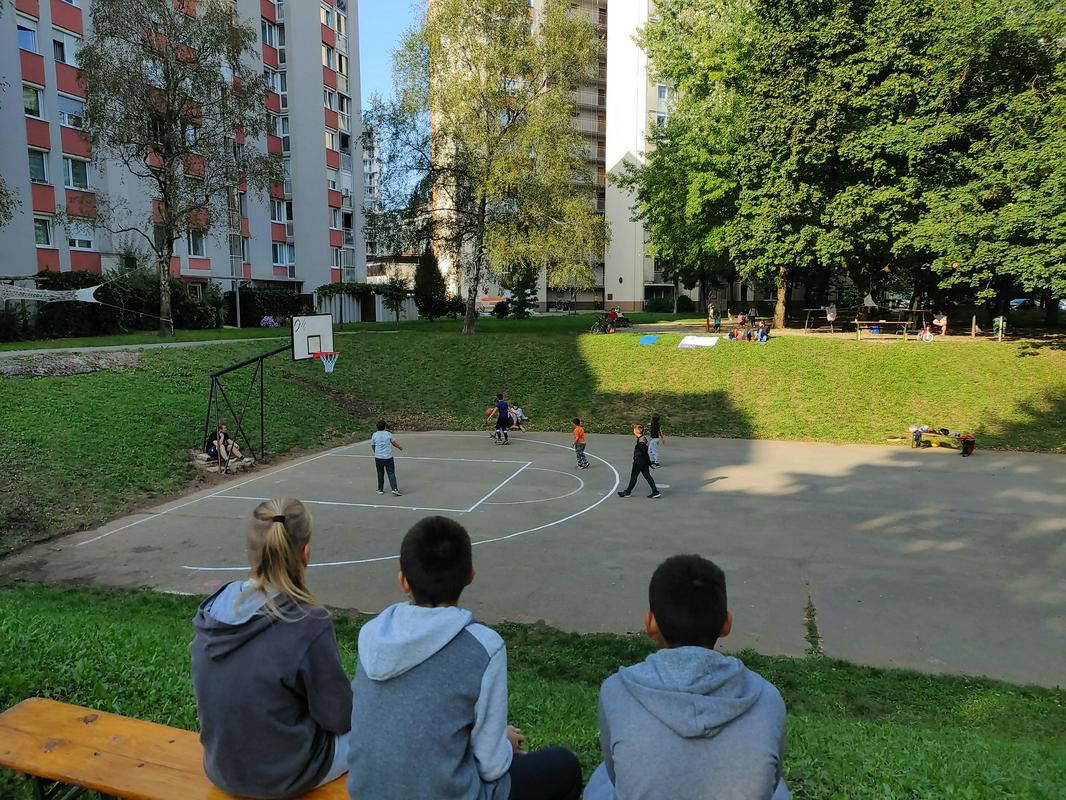 Košarkarsko igrišče sredi zelenja v ŠS6. Foto: Luka Počivalšek