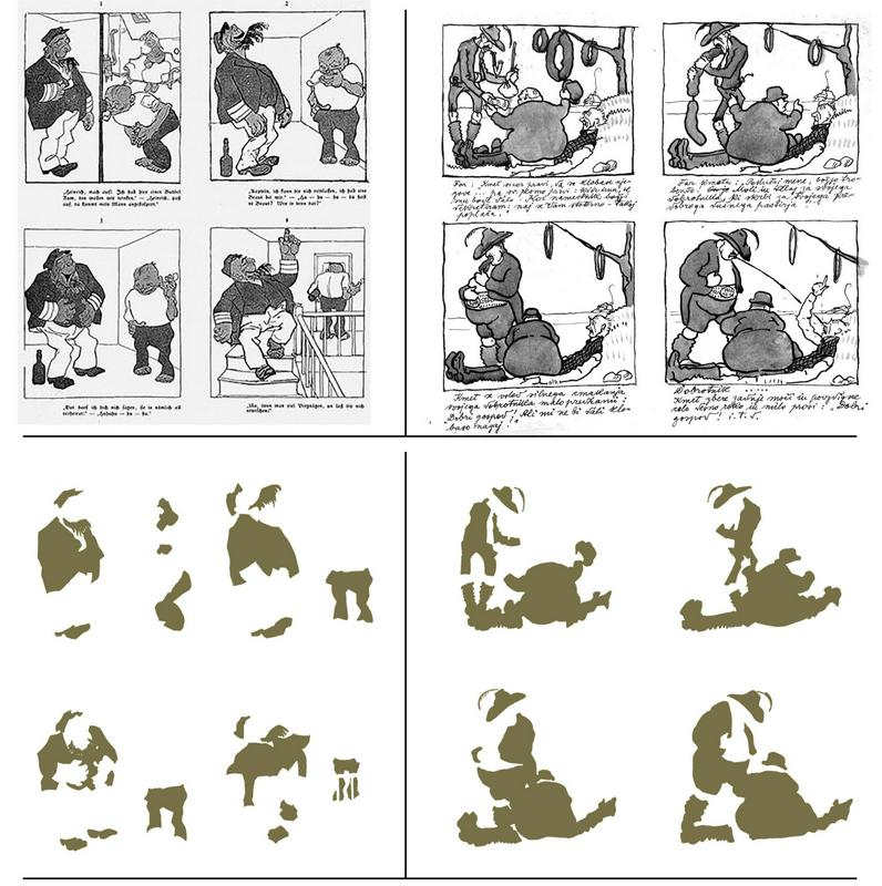 Levo: Sekvenca Rudolfa Wilkeja (1873 – 1908), objavljena leta 1908.Desno: Smrekarjeva sekvenca (detajl), okoli 1911.Spodaj: Primerjava artikulacij temnih oblik (delov teles, označenih z oblačili). Artikulacija pri obeh avtorjih je ploskovita, členjena, ritmi so podobni. Foto: Arhivsko gradivo