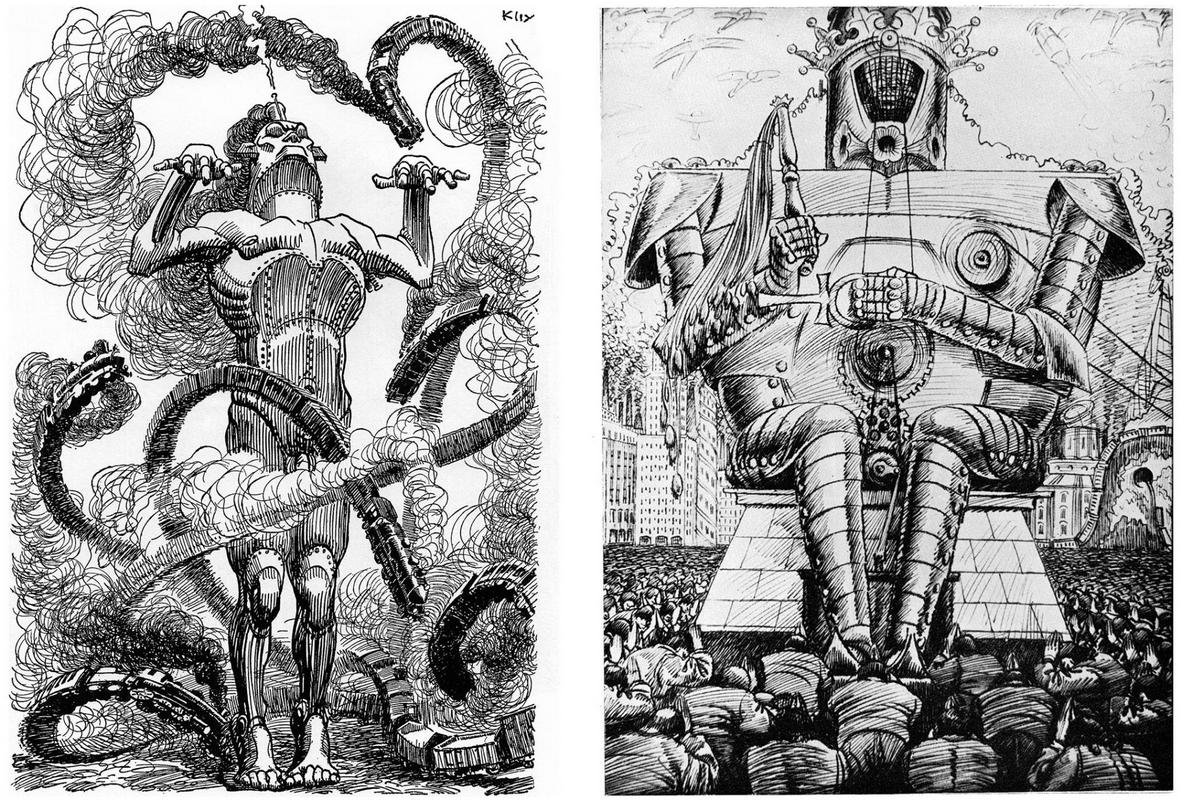 Levo: Heinrich Kley, Krotilec kač, objavljeno v Der Orchideengarten, 1920.Desno: Hinko Smrekar, Bog nove dobe, iz serije Zrcalo sveta, 1930. Foto: Arhivsko gradivo