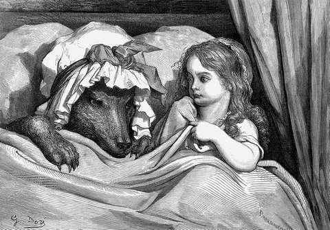 Volk in Rdeča kapica v postelji, Gustave Dore.
