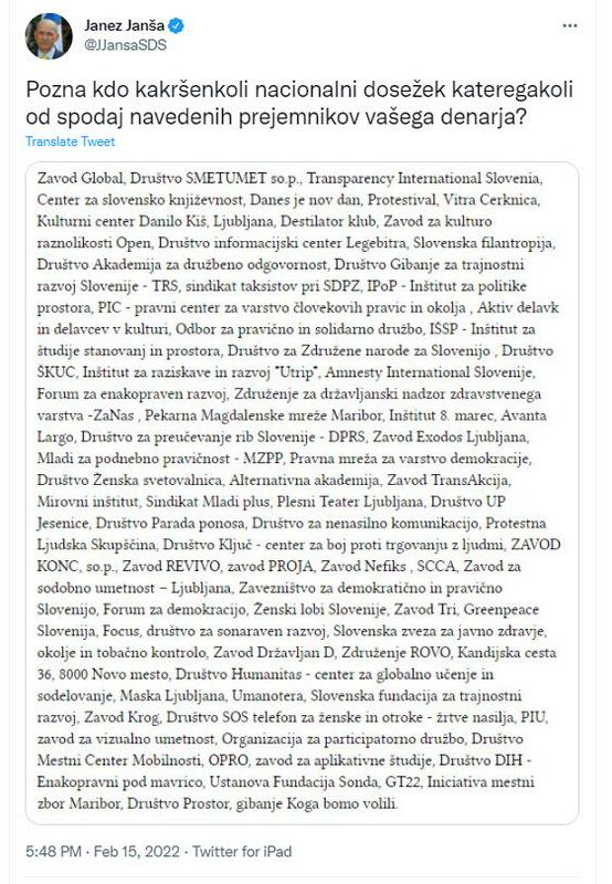 Zapis Janeza Janše na Twitterju, ki je sprožil burne odzive številnih omenjenih organizacij. Foto: Twitter/Janez Janša
