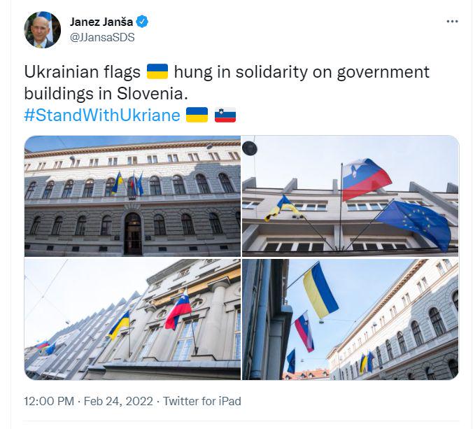 Ukrajinske zastave v znak solidarnosti z Ukrajino na poslopjih slovenske vlade. Foto: Twitter
