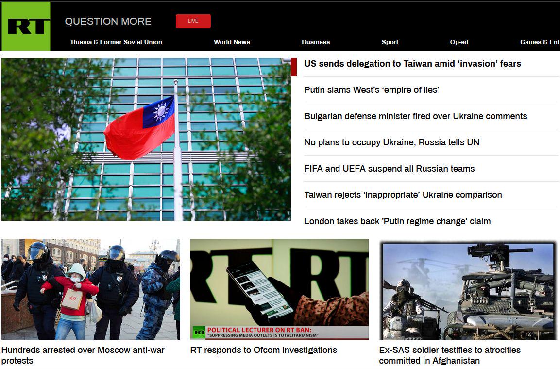 Pogled na naslovnico ruskega RT-ja v nedeljo. Foto: RT (posnetek zaslona)