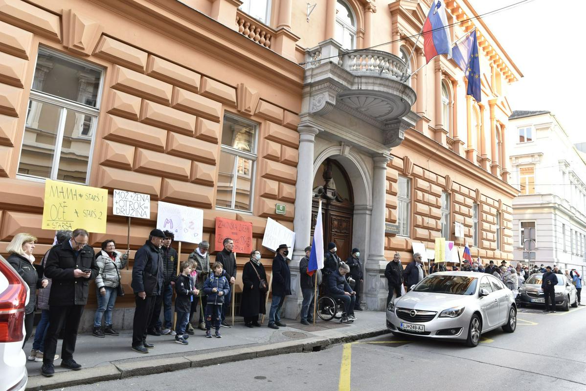 Protest pred ustavnim sodiščem, ki presoja o posvojitvah otrok za istospolne pare. Foto: BoBo