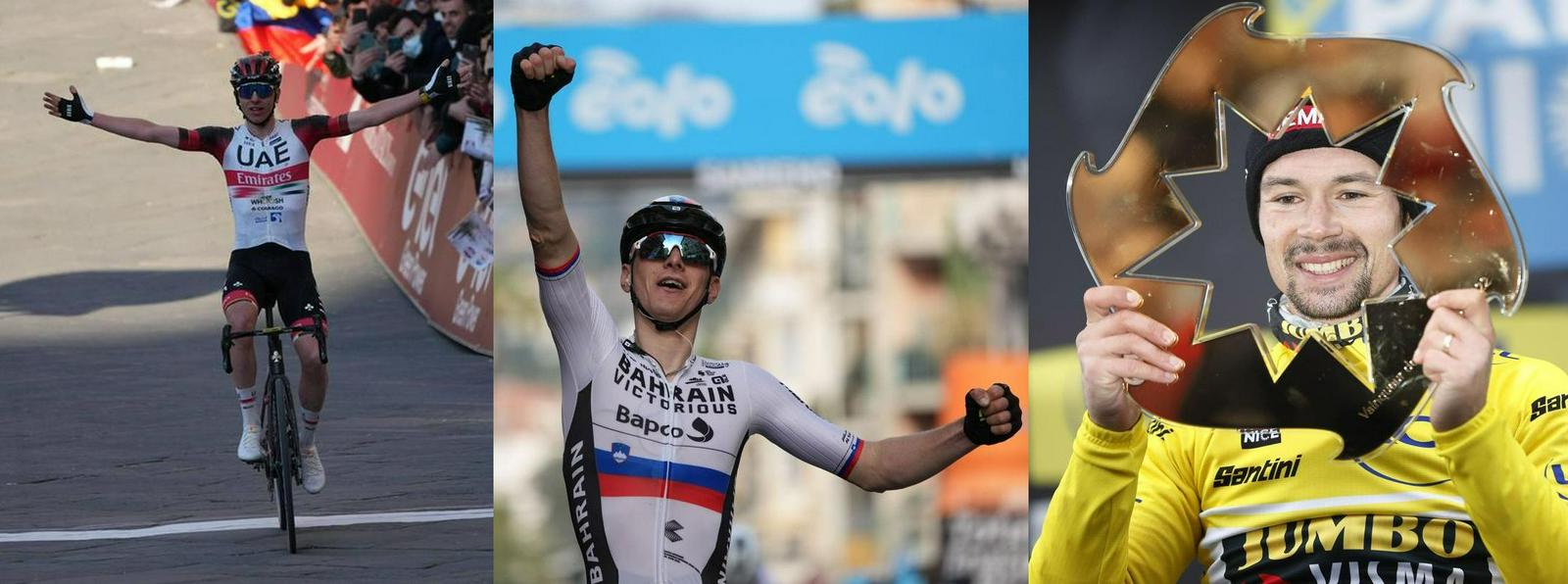 Trojica slovenskih kolesarjev, ki krojijo dirke svetovne serije in posledično vrh UCI-lestvice. Tako Pogačar kot Mohorič in Roglič bodo nastopili na Dirki po Franciji. Foto: EPA