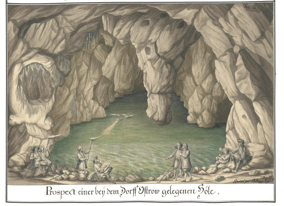 Pogled v jamo, ki ležijo blizu vasi Ostrov. Na tej risbi je upodobljen tudi Josef Anton Nagel. Foto: Knjižnica Jožeta Udoviča Cerknica in založba Maks Viktor