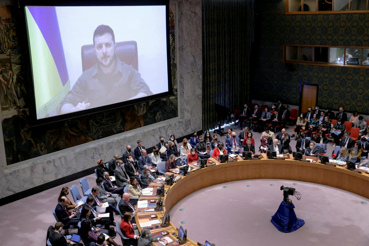Zelenski je Varnostni svet nagovoril že v začetku aprila. Foto: Reuters