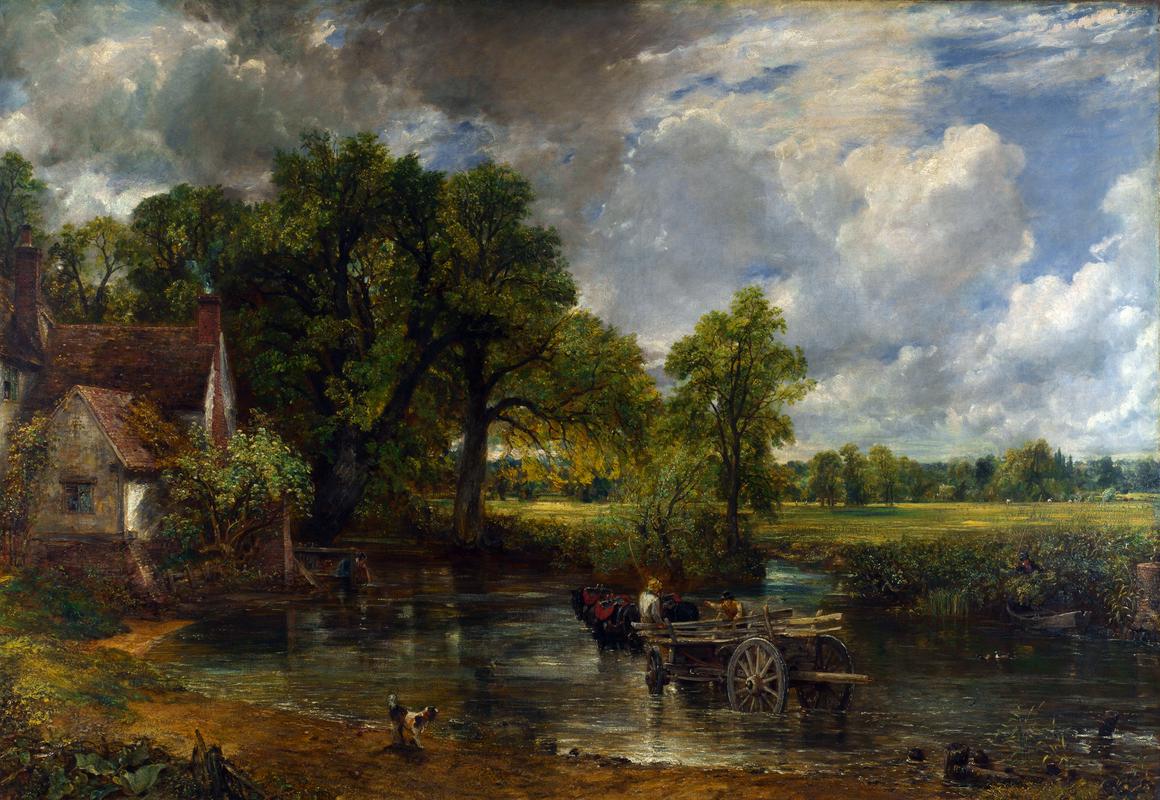 Constablova slika Seneni voz iz leta 1821 je imela sprva naslov Pokrajina: poldne. Angleški krajinar je na njej upodobil podeželski prizor na reki Stour med angleškima grofijama Suffolk in Essex. Foto: Wikipedia