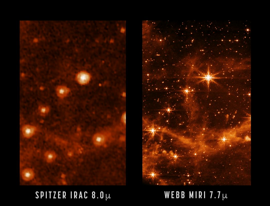 Primerjava zmogljivosti starejšega infrardečega vesoljskega teleskopa Spitzer (levo) in Webba (desno). Foto: NASA/JPL-Caltech (left), NASA/ESA/CSA/STScI (right)