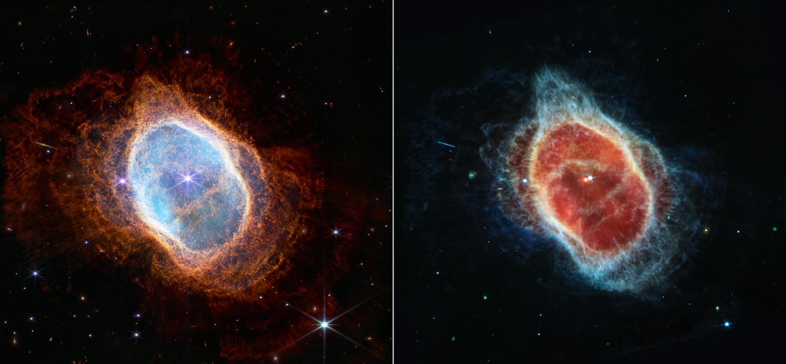 NGC 3132 skozi dva instrumenta. Foto: NASA/JPL-Caltech (left), NASA/ESA/CSA/STScI (right)