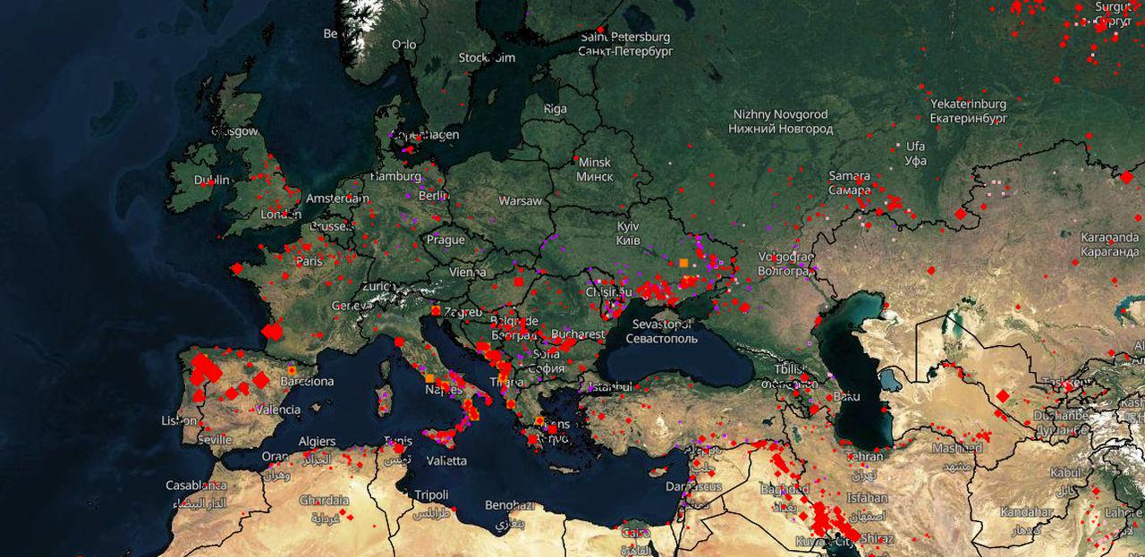Incêndios atuais na Europa.  Foto: EFFIS