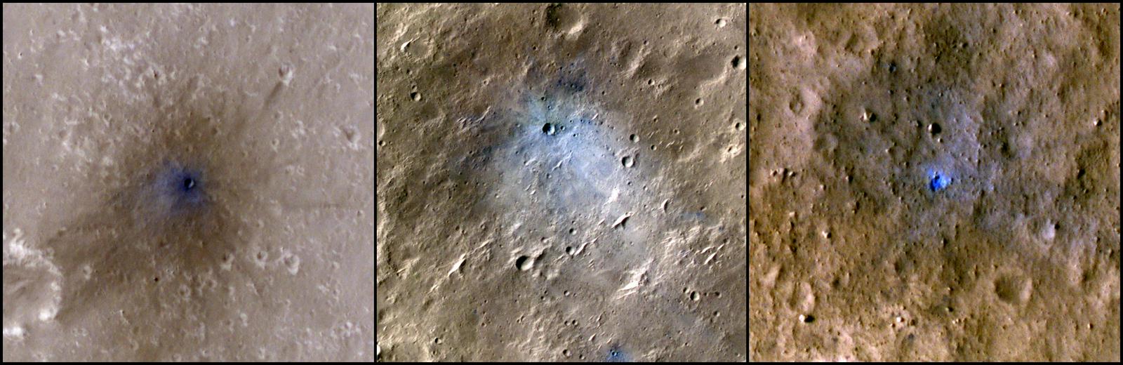 Kraterji treh meteoritov, katerih padec je slišala sonda InSight. Posnetki so delo sonde MRO. Foto: NASA/JPL-Caltech/University of Arizona