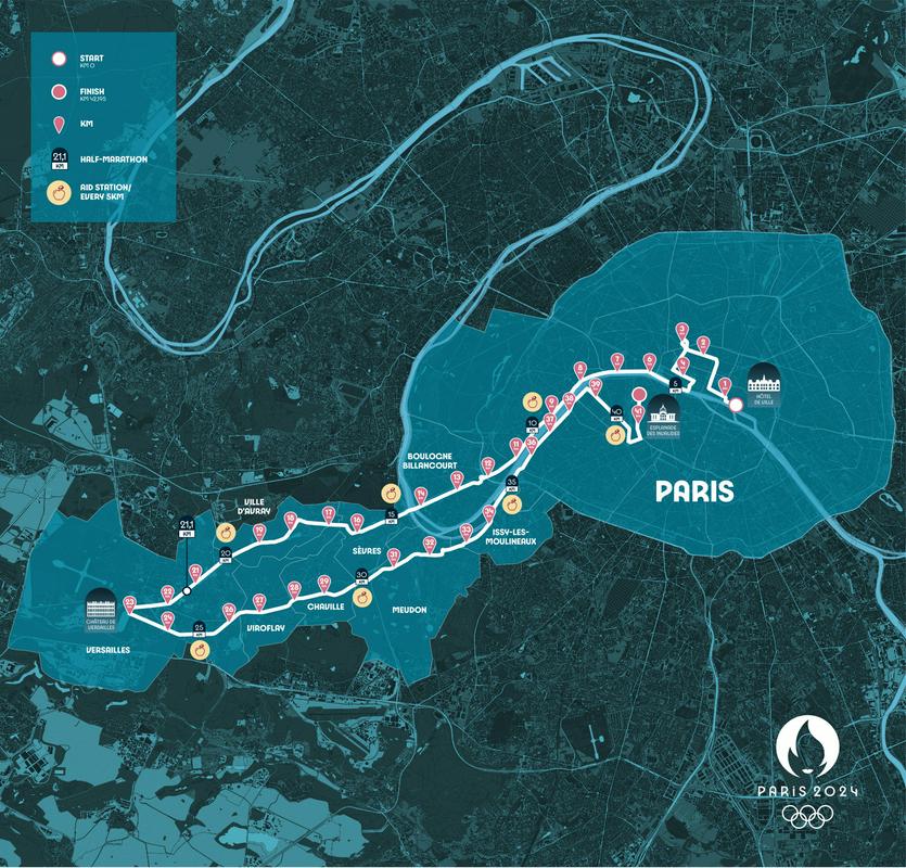 Trasa 42,195 km dolgega olimpijskega maratona v Parizu 2024. Foto: Paris 2024