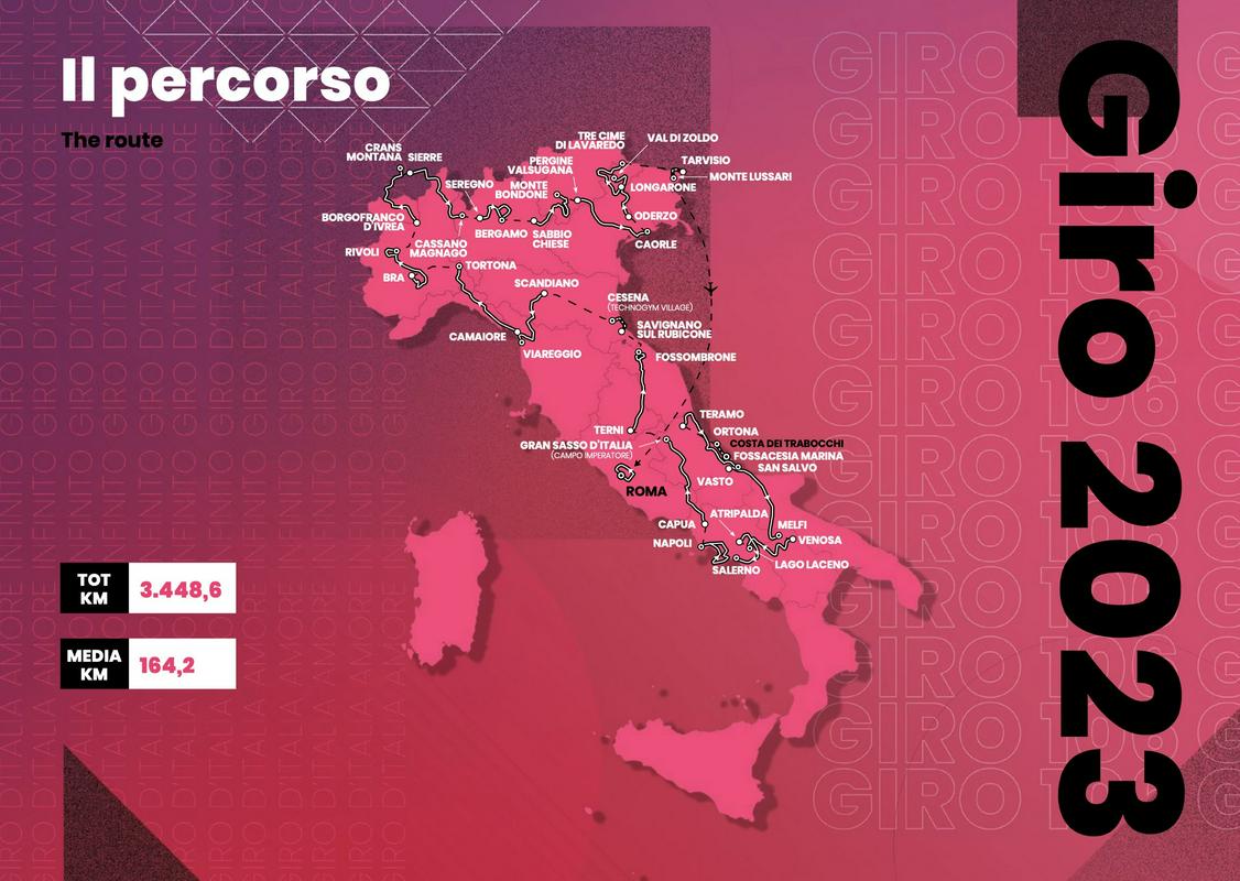 Zemljevid 106. kolesarske Dirke po Italiji, ki se bo začela v Abrucih in po kroženju v smeri urinega kazalca za konec preskočila v Rim za zaključek Gira 2023. Foto: RCS Sport