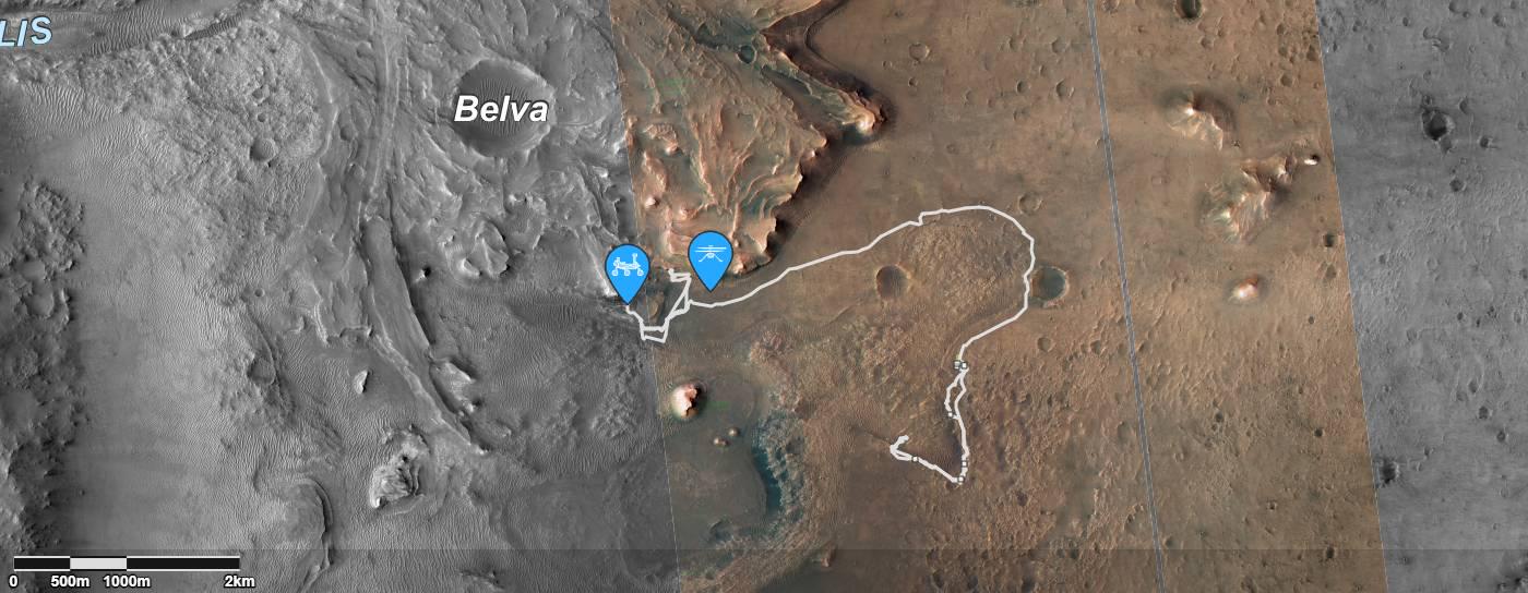Dozdajšnja pot in trenutni položaj roverja (levi modri znak) in helikopterčka Ingenuity (desno).  Foto: Nasa/JPL