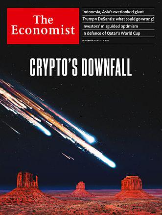 Za kriptotržišče je letošnje leto obupno: centralne banke so s krepkim zviševanjem obrestnih mer znižale željo po tveganju vlagateljev, kar je že na začetku leta ohladilo trg, nato je sledil zlom projekta Terra, propad Celsiusa in nazadnje še FTX-a. Tržna kapitalizacija vseh kriptovalut se je s treh bilijonov dolarjev spustila na 800 milijard. Tudi tednik The Economist je poku kriptobalona posvetil precej pozornosti in ugotavlja, da čeprav tehnologija veriženja blokov prinaša dobrodošle novosti (hitrejše, cenejše in učinkovitejše transakcije), je ob vseh aferah videti, kot da je ta industrija namenjena le še prevaram in špekulacijam. Foto: The Economist