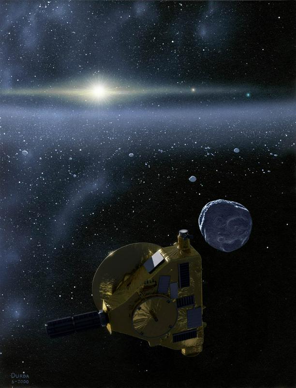 Simbolična podoba sonde New Horizons, ko iz Kuiperjevega pasu pošilja podatke na domači planet. Foto: NASA/Johns Hopkins APL/Southwest Research Institute/Dan Durda