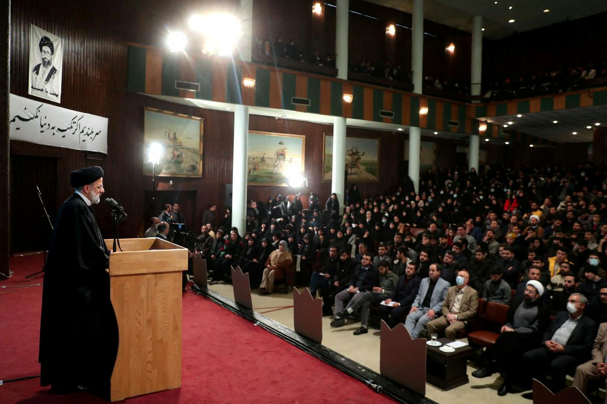 Current President Raisi during the address to the students.  Photo: Reuters