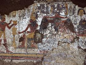 Poslikave v templju Amenhotepa III (18. dinastija) v Wadi es-Sebui, Egipt 1963. Foto: Arhiv Mihe Pirnata