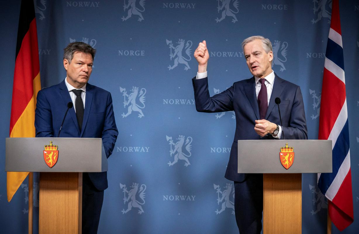 Nemški podkancler in norveški premier na tiskovni konferenci po podpisu deklaracije o sodelovanju na področju obnovljivih virov. Foto: Reuters