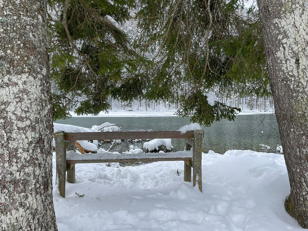 Planšarsko jezero je na pol zamrznjeno, tako da drsanje še ni mogoče. Bo pa takoj, ko padavin ne bo več, odprto drsališče ob parkirišču. Foto: MMC RTV SLO/T. O.