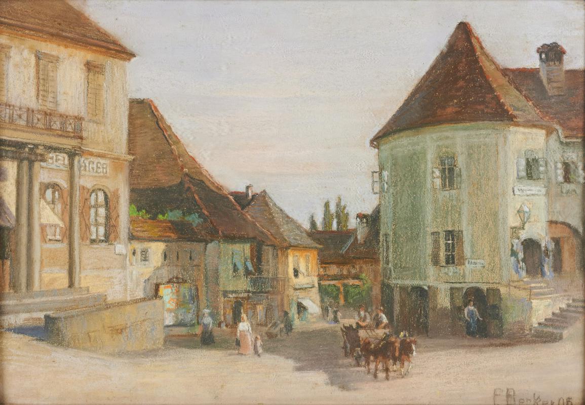 Upodobitev Glavnega trga v Mariboru z začetka 20. stoletja (Emilia Becker). Foto: Pokrajinski muzej Maribor