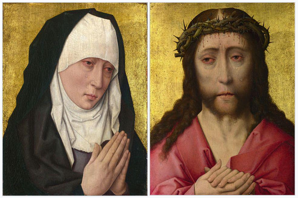 Izvirni signirani diptih, ki ga je med ok. 1470 in 1475 naslikal nizozemski slikar Dirk Bouts oz. Dieric Bouts, je sicer izgubljen, ohranilo pa se je več različic, ki so nastale v slikarjevi delavnici. Znanih je vsaj deset diptihov, ki jih med drugim hranijo v Louvru, na Umetnostnem inštitutu v Chicagu, v Weissbergerjevi zbirki v Madridu in Narodni galeriji v Londonu (na fotografiji). Foto: Wikipedia