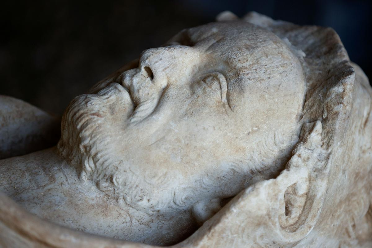 Muškarac ima izražene okomite bore urezane u čelo - povijest umjetnosti uči da je to karakteristično za kipove iz 3. stoljeća, razdoblja kada je Rimsko Carstvo bilo u dubokoj krizi.  Nabori bi trebali simbolizirati