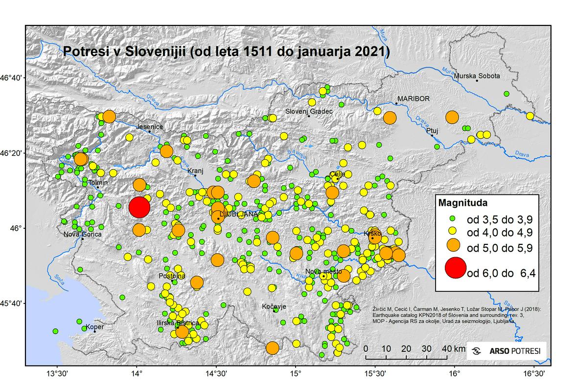 Potresi v Sloveniji od leta 1511 do januarja 2021: Karta nadžarišč – magnitude. Foto: Arso