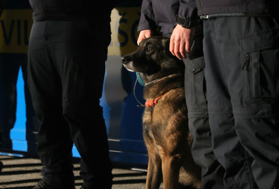 Eden izmed pasjih junakov s svojim vodnikom. Preostalih šest psov se je v Slovenijo vrnilo že dopoldne. Foto: BoBo