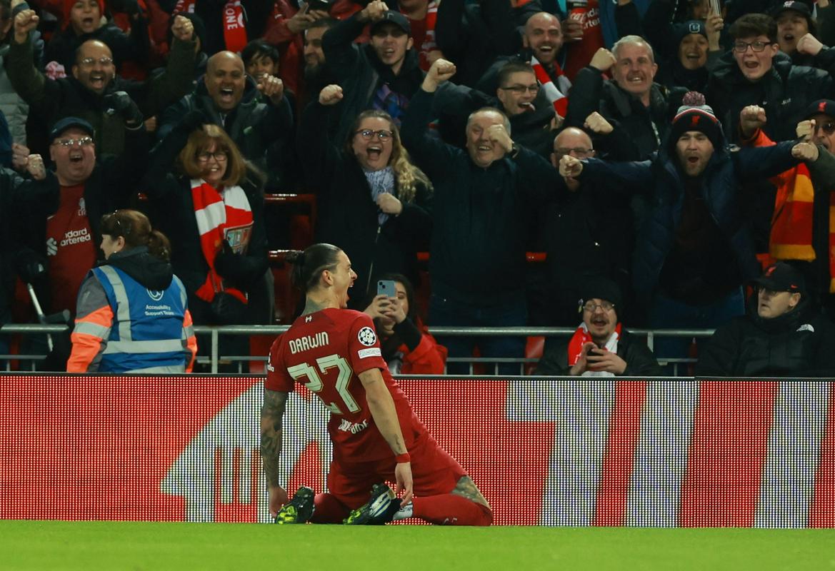Darwin Nunez je v 4. minuti poskrbel za najhitrejši zadetek Liverpoola na domačem stadionu v zgodovini Lige prvakov. Foto: Reuters