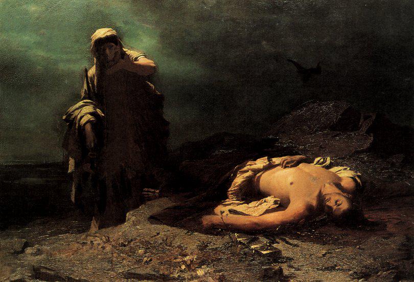 Antigona ob mrtvem Polinejku, kakor ju je leta 1865 naslikal grški umetnik Nikiforos Lytras. Platno hrani grška Narodna galerija. Foto: Wikipedia