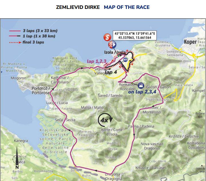Map of the race, which will take place clockwise through the municipalities of Izola, Koper and Piran.  First, four big circuits around Slovenian Istria and finally three city circuits around Izola.  Photo: Organizer