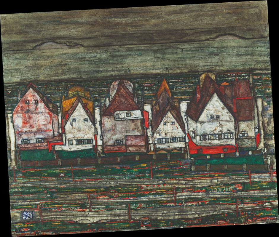 Egon Schiele: Hiše ob morju (1914), nagnjena za 3 stopinje. 