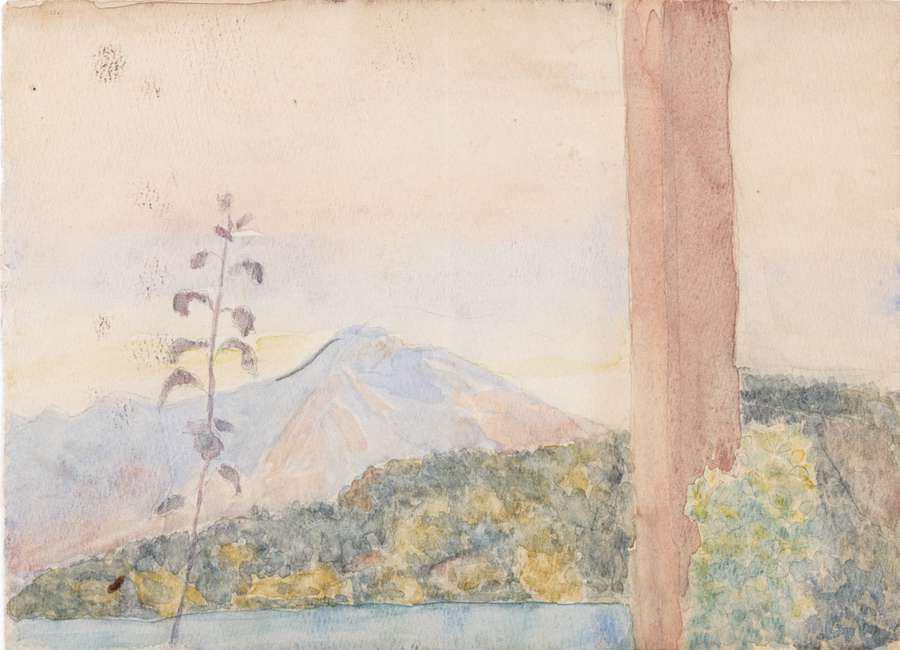 Oton Župančič: Blejsko jezero in hribi s steblom v ospredju / gvaš, 1919. Foto: MGML